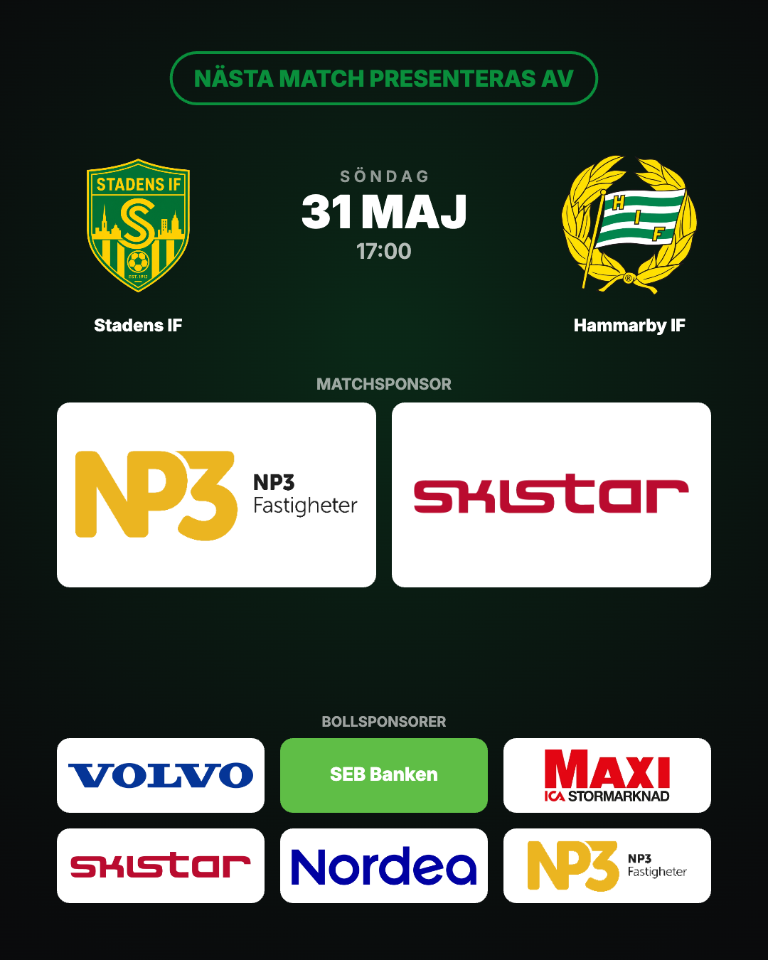 Delningsbild för sociala medier med matchsponsor och bollsponsorer